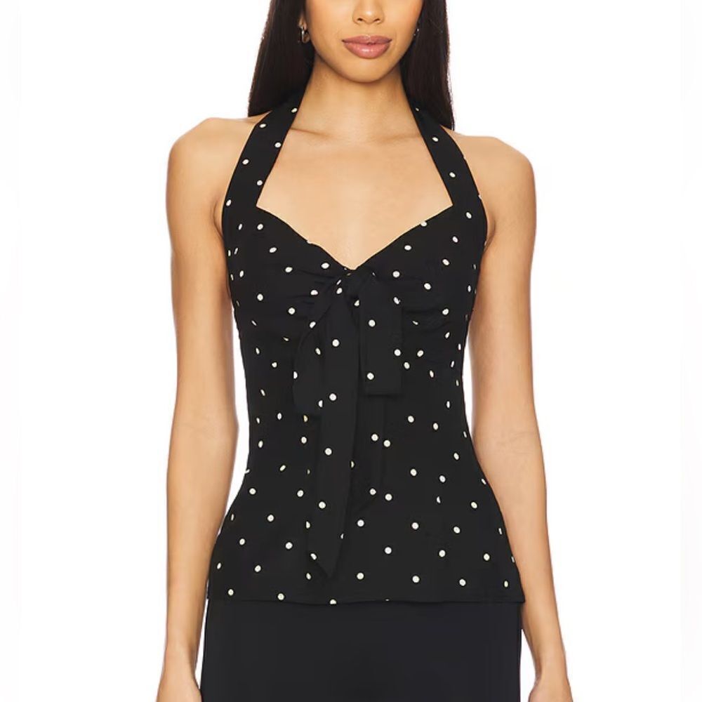 LPA Romi Halter Top Black Cream Dot print camisole blouse Revolve XL